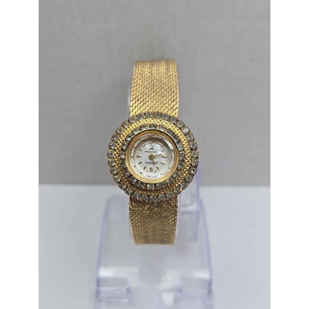 Womens Vintage Monarch Manual Wind Swiss Made Gold Tone Rhinestone Watch Runs